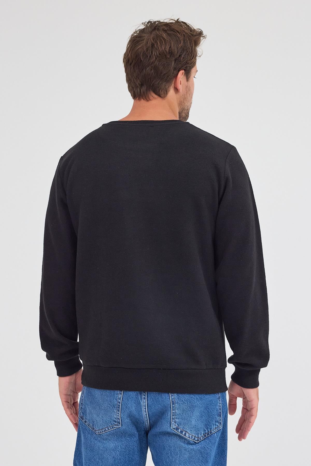 Erkek Siyah Standart Fit Normal Kesim Pamuklu Basic Bisiklet Yaka Sweatshirt