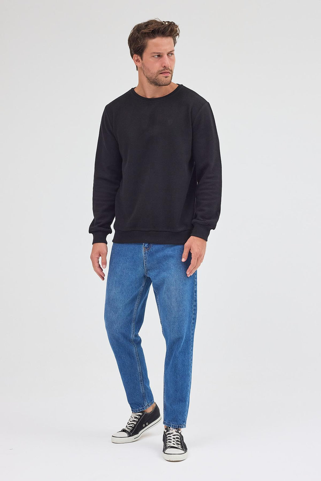 Erkek Siyah Standart Fit Normal Kesim Pamuklu Basic Bisiklet Yaka Sweatshirt