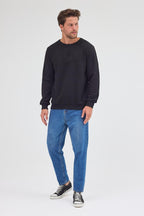 Erkek Siyah Standart Fit Normal Kesim Pamuklu Basic Bisiklet Yaka Sweatshirt