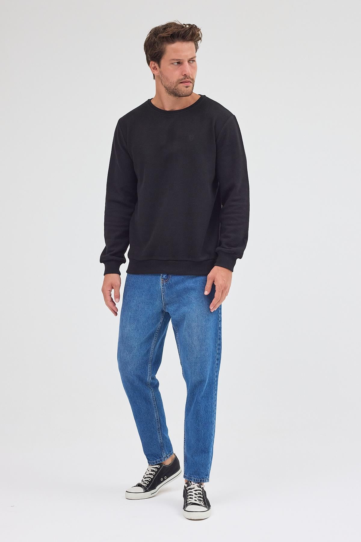 Erkek Siyah Standart Fit Normal Kesim Pamuklu Basic Bisiklet Yaka Sweatshirt