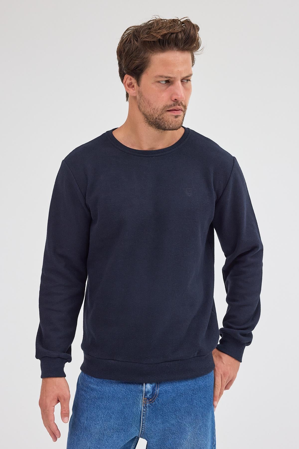 Erkek Lacivert Standart Fit Normal Kesim Pamuklu Basic Bisiklet Yaka Sweatshirt