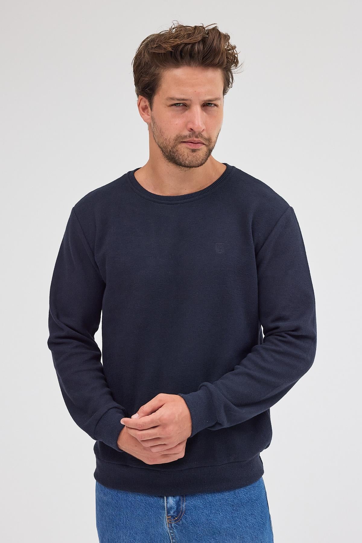 Erkek Lacivert Standart Fit Normal Kesim Pamuklu Basic Bisiklet Yaka Sweatshirt