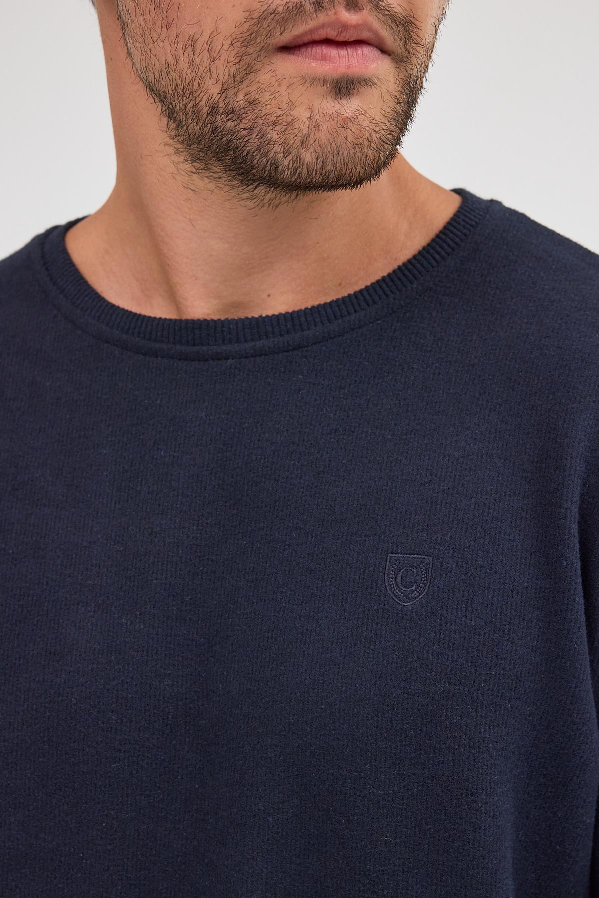 Erkek Lacivert Standart Fit Normal Kesim Pamuklu Basic Bisiklet Yaka Sweatshirt