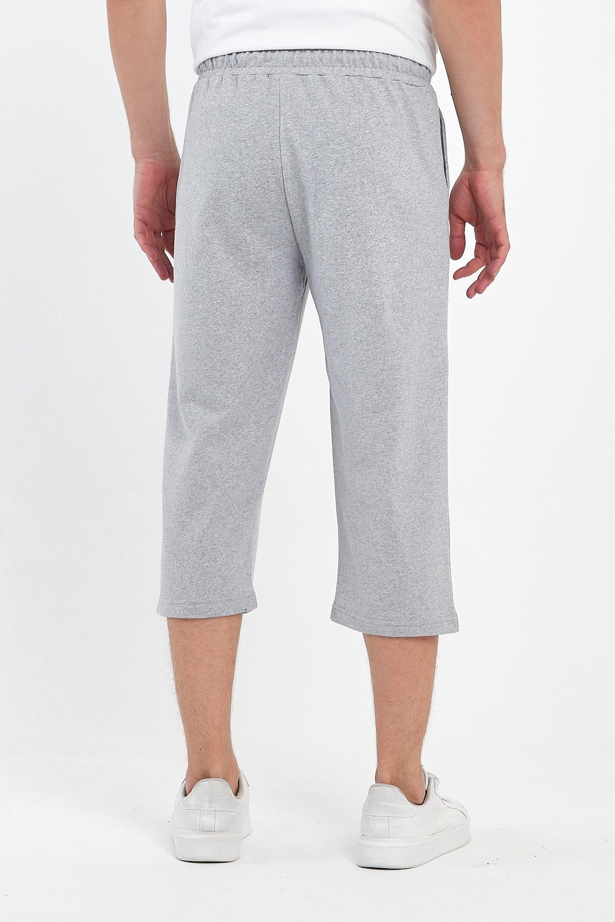 Erkek Yanları Cepli Gri Bermuda Diz Altı Kapri Beli Ayarlanabilir Lastikli Uzun Şort