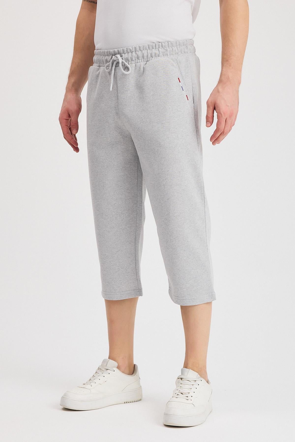 Erkek Yanları Cepli Gri Bermuda Diz Altı Kapri Beli Ayarlanabilir Lastikli Uzun Şort CMRE108