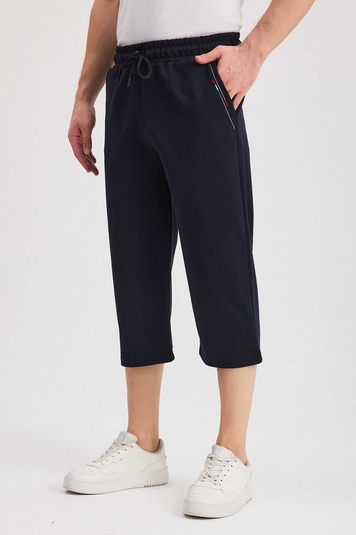 Erkek Yanları Cepli Lacivert Bermuda Diz Altı Kapri Beli Ayarlanabilir Lastikli Uzun Şort