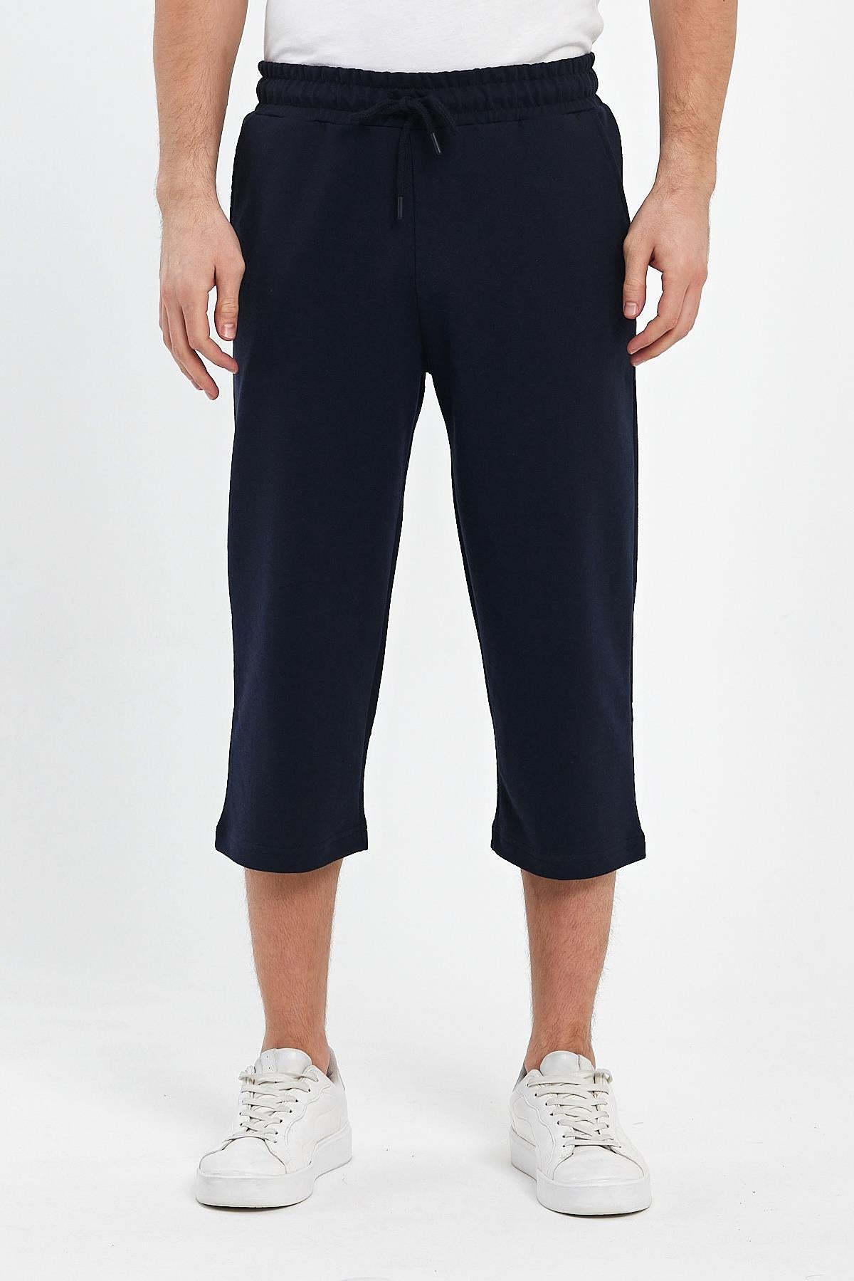 Erkek Yanları Cepli Lacivert Bermuda Diz Altı Kapri Beli Ayarlanabilir Lastikli Uzun Şort CMRE74-Lacivert