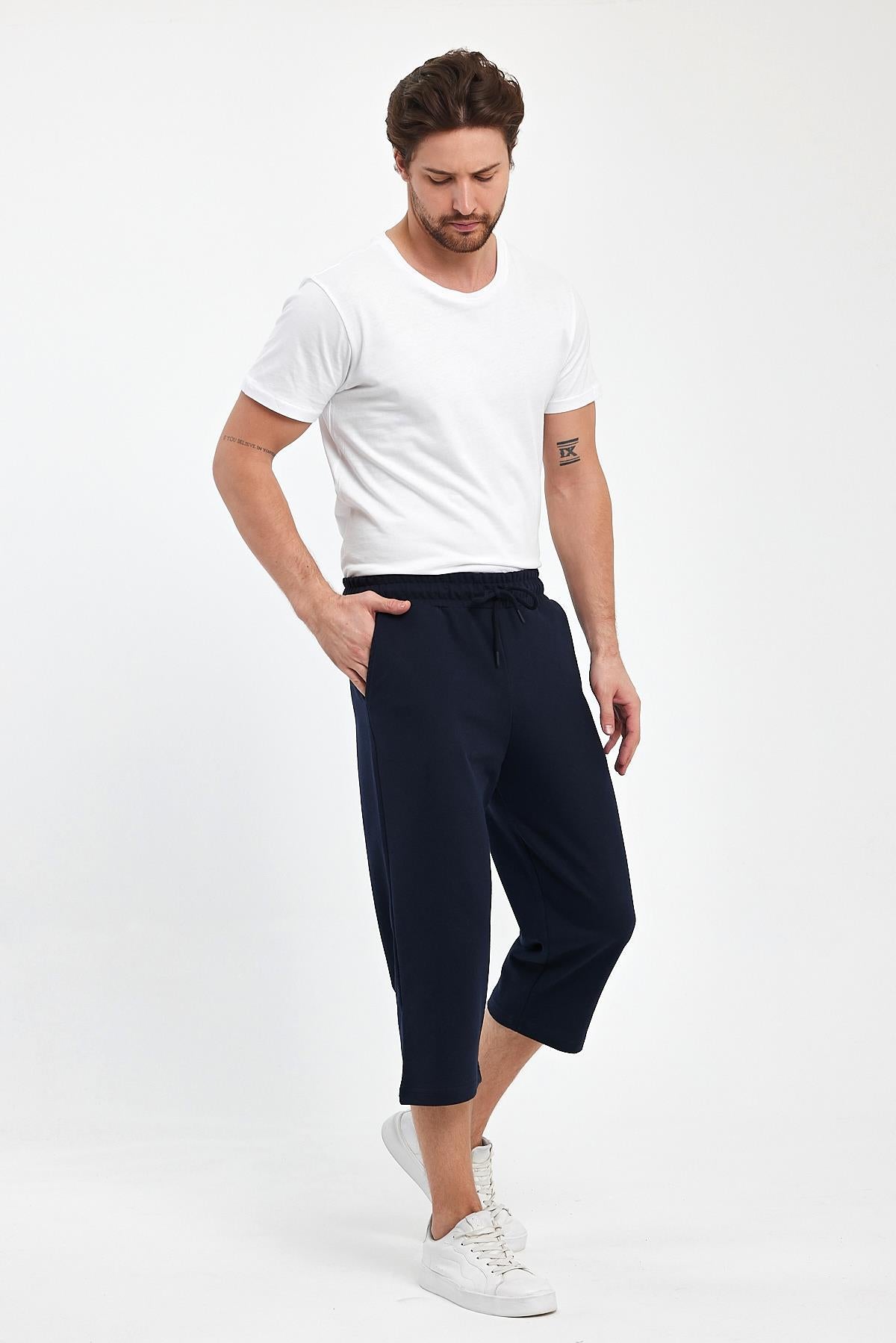 Erkek Yanları Cepli Lacivert Bermuda Diz Altı Kapri Beli Ayarlanabilir Lastikli Uzun Şort CMRE74-Lacivert