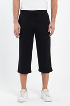 Erkek Yanları Cepli Siyah Bermuda Diz Altı Kapri Beli Ayarlanabilir Lastikli Uzun Şort CMRE74-Siyah