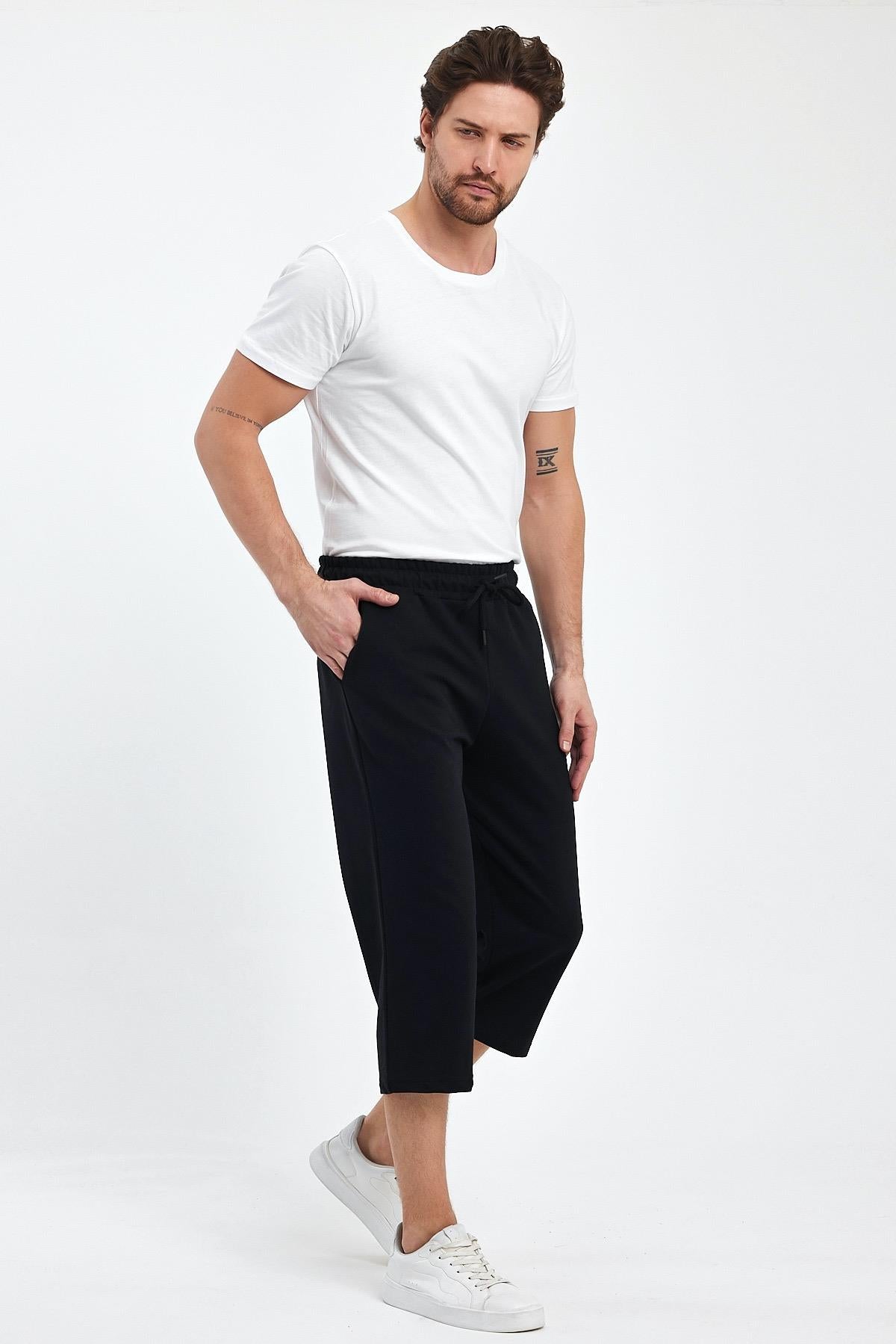 Erkek Yanları Cepli Siyah Bermuda Diz Altı Kapri Beli Ayarlanabilir Lastikli Uzun Şort CMRE74-Siyah