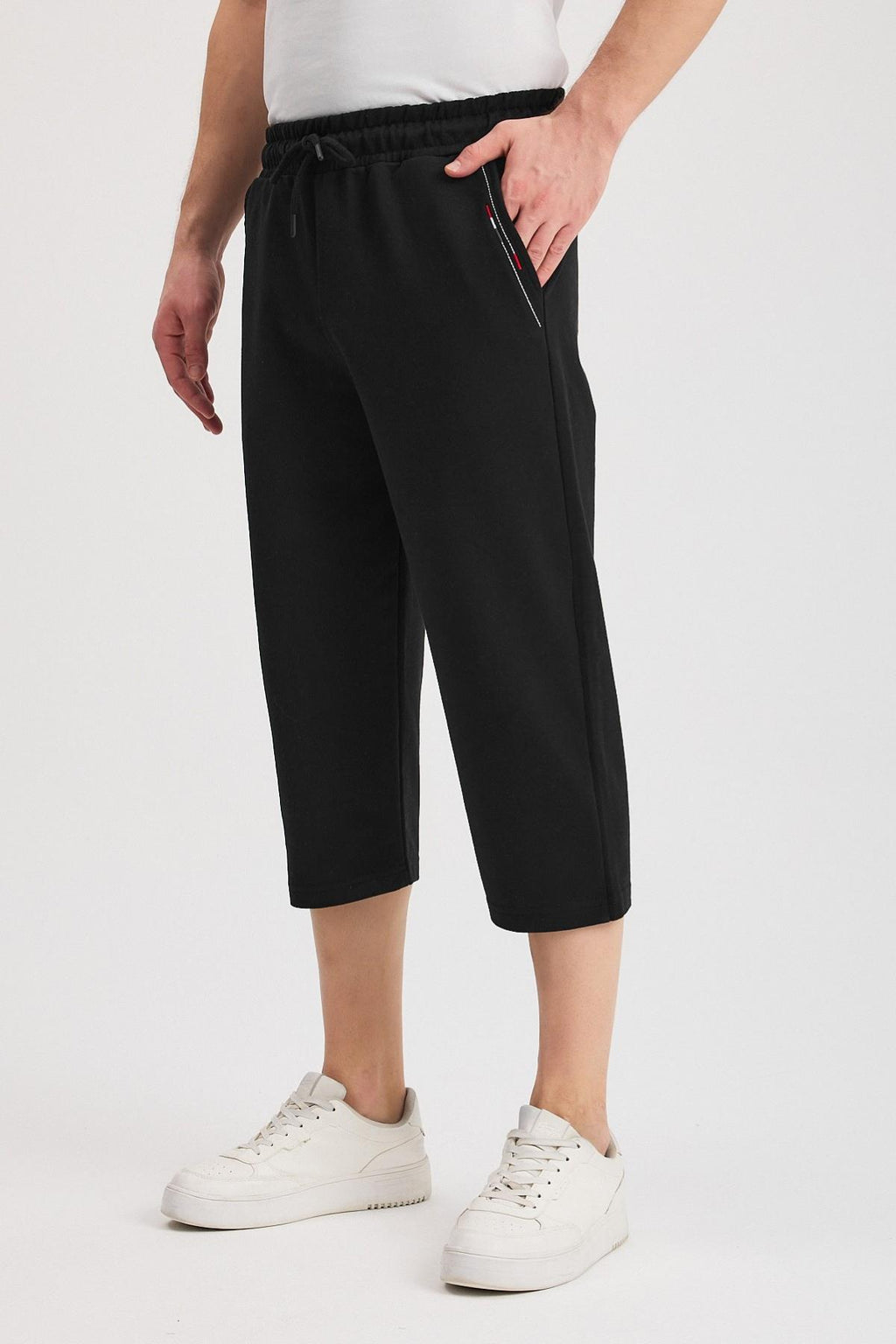 Erkek Yanları Cepli Siyah Bermuda Diz Altı Kapri Beli Ayarlanabilir Lastikli Uzun Şort CMRE108