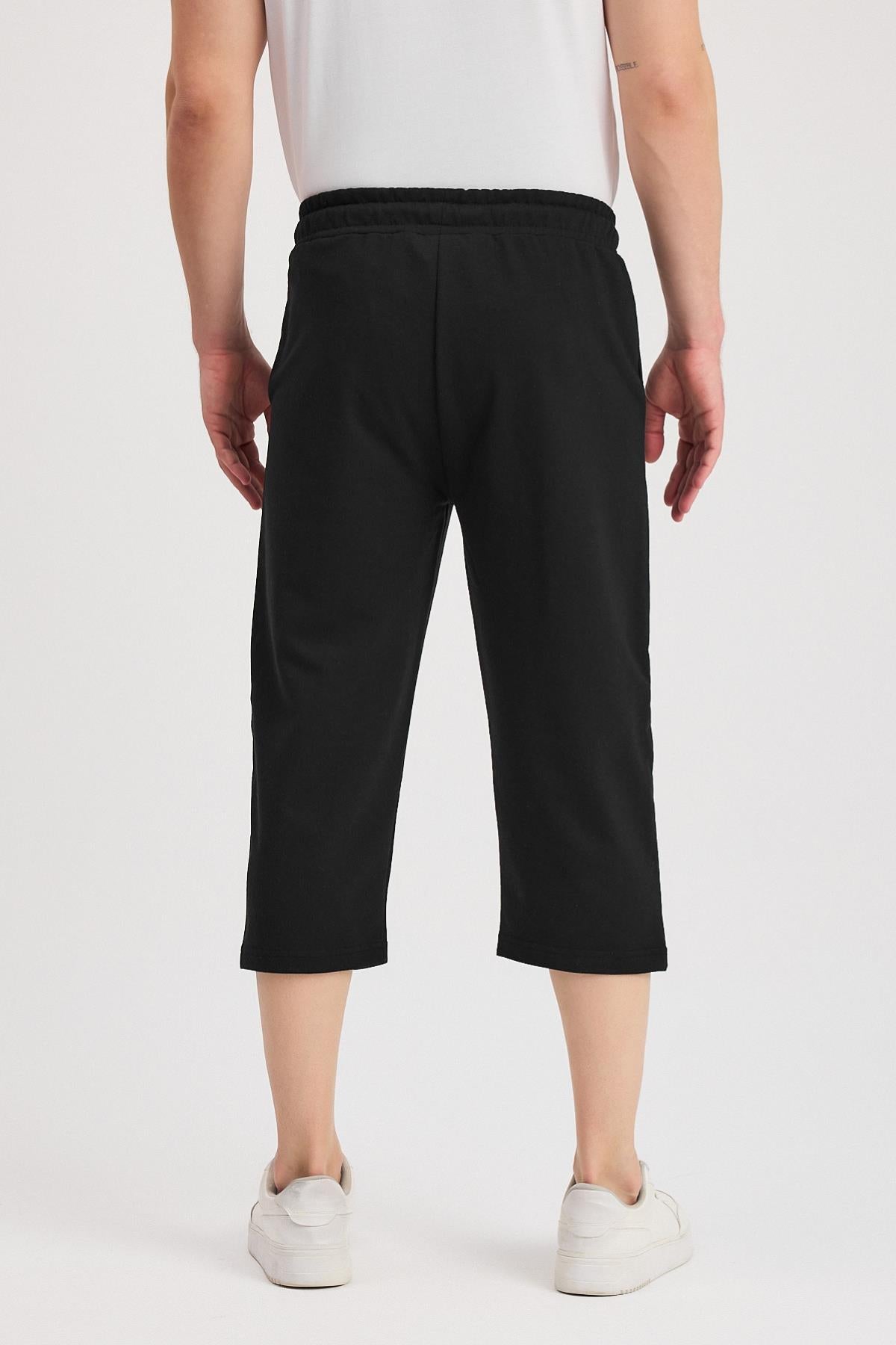 Erkek Yanları Cepli Siyah Bermuda Diz Altı Kapri Beli Ayarlanabilir Lastikli Uzun Şort CMRE108