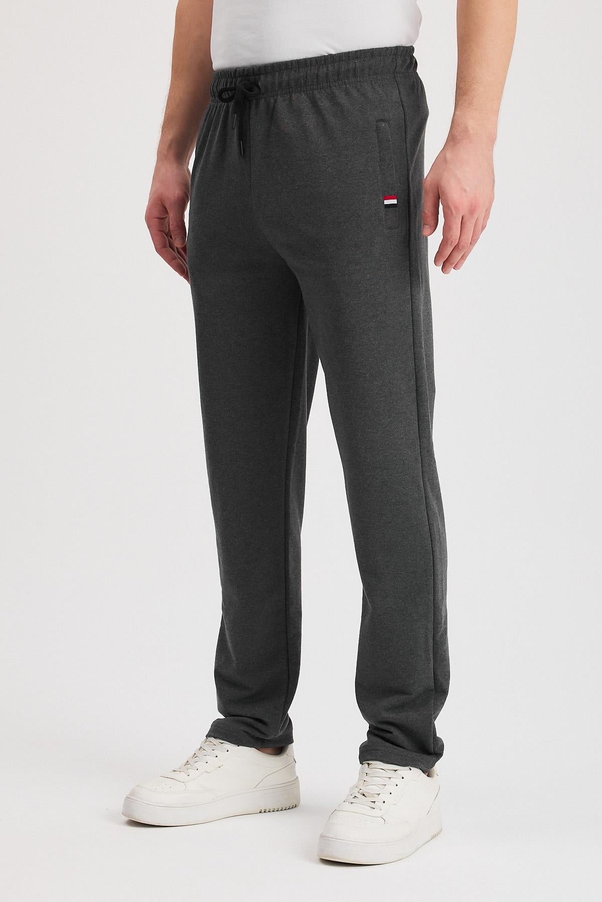 Siyah-Antrasit Erkek Fermuarlı Cepli Nakış Detaylı Düz Paça Rahat Kesim Günlük 2'li Eşofman Altı