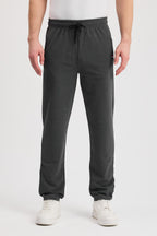 Siyah-Antrasit Erkek Fermuarlı Cepli Nakış Detaylı Düz Paça Rahat Kesim Günlük 2'li Eşofman Altı