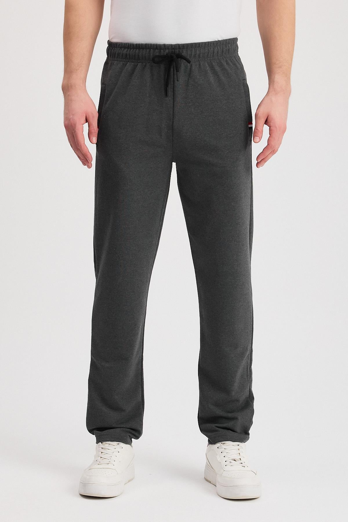 Siyah-Antrasit Erkek Fermuarlı Cepli Nakış Detaylı Düz Paça Rahat Kesim Günlük 2'li Eşofman Altı