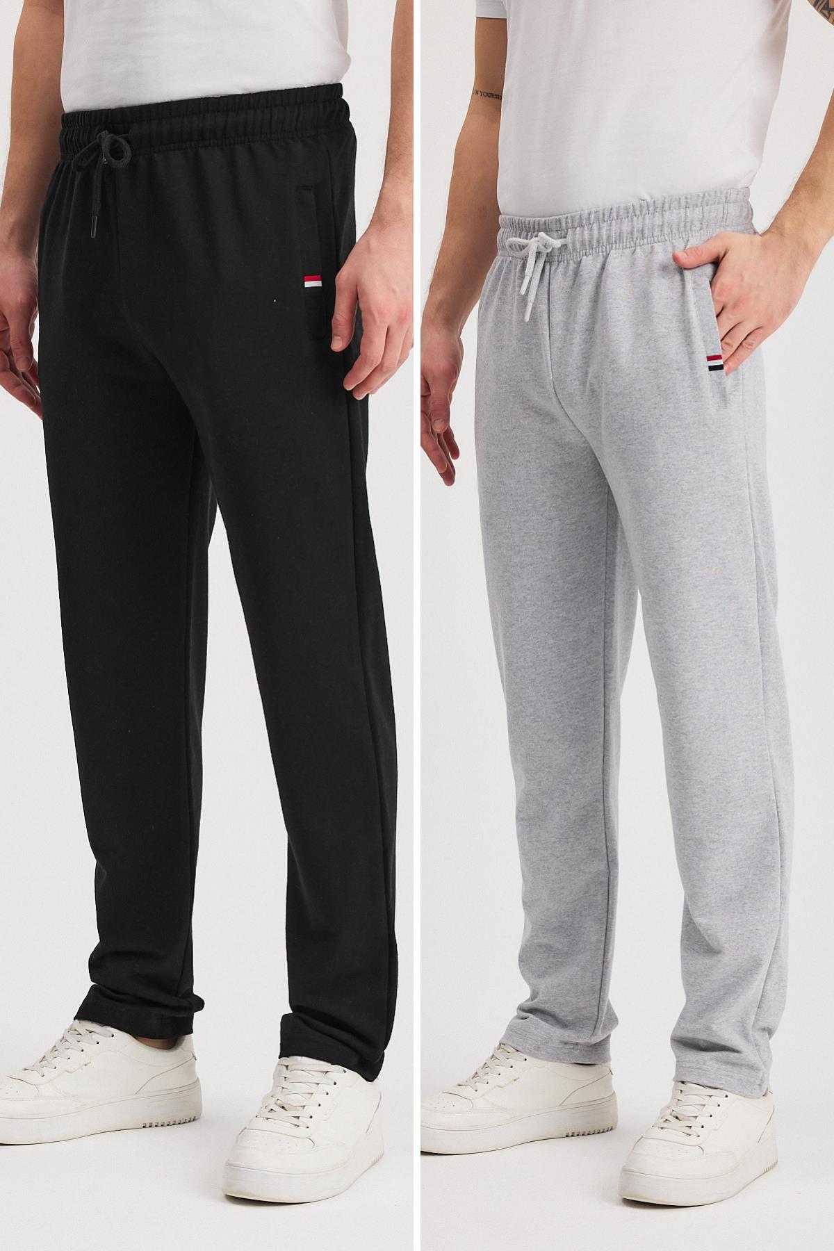 Siyah-Antrasit Erkek Fermuarlı Cepli Nakış Detaylı Düz Paça Rahat Kesim Günlük 2'li Eşofman Altı