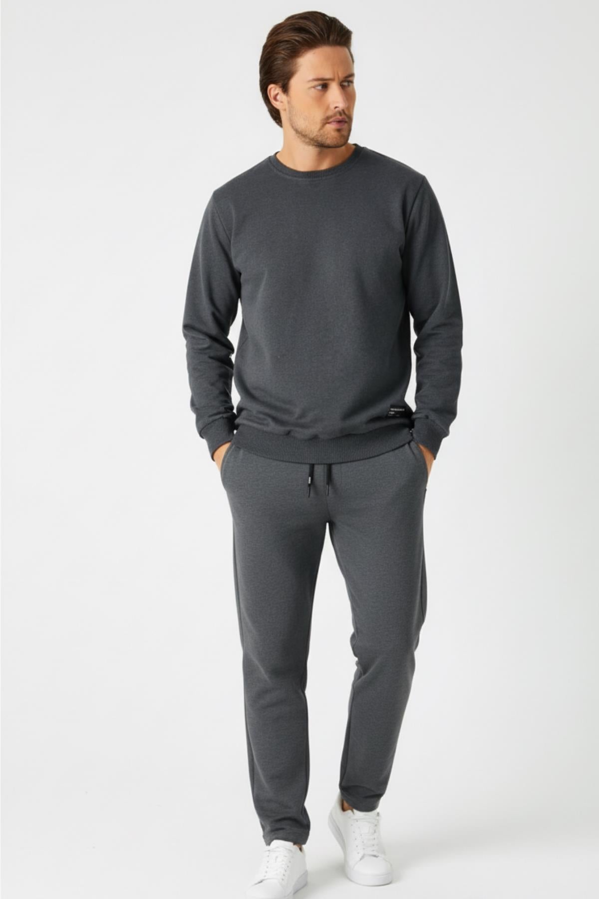 Antrasit Relaxed Fit Bisiklet Yaka Sweatshirt Düz Paça Erkek Eşofman Takımı