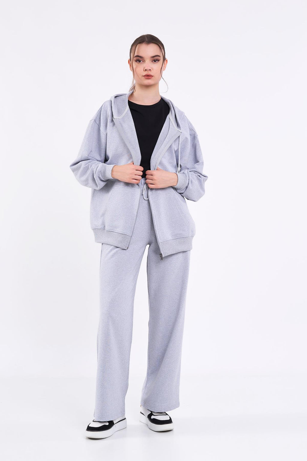 Kadın Gri Normal Kalıp Basic Beli Lastikli Kapüşonlu Oversize Mevsimlik Alt Üst Eşofman Takımı CMRE7367