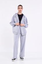 Kadın Gri Normal Kalıp Basic Beli Lastikli Kapüşonlu Oversize Mevsimlik Alt Üst Eşofman Takımı CMRE7367