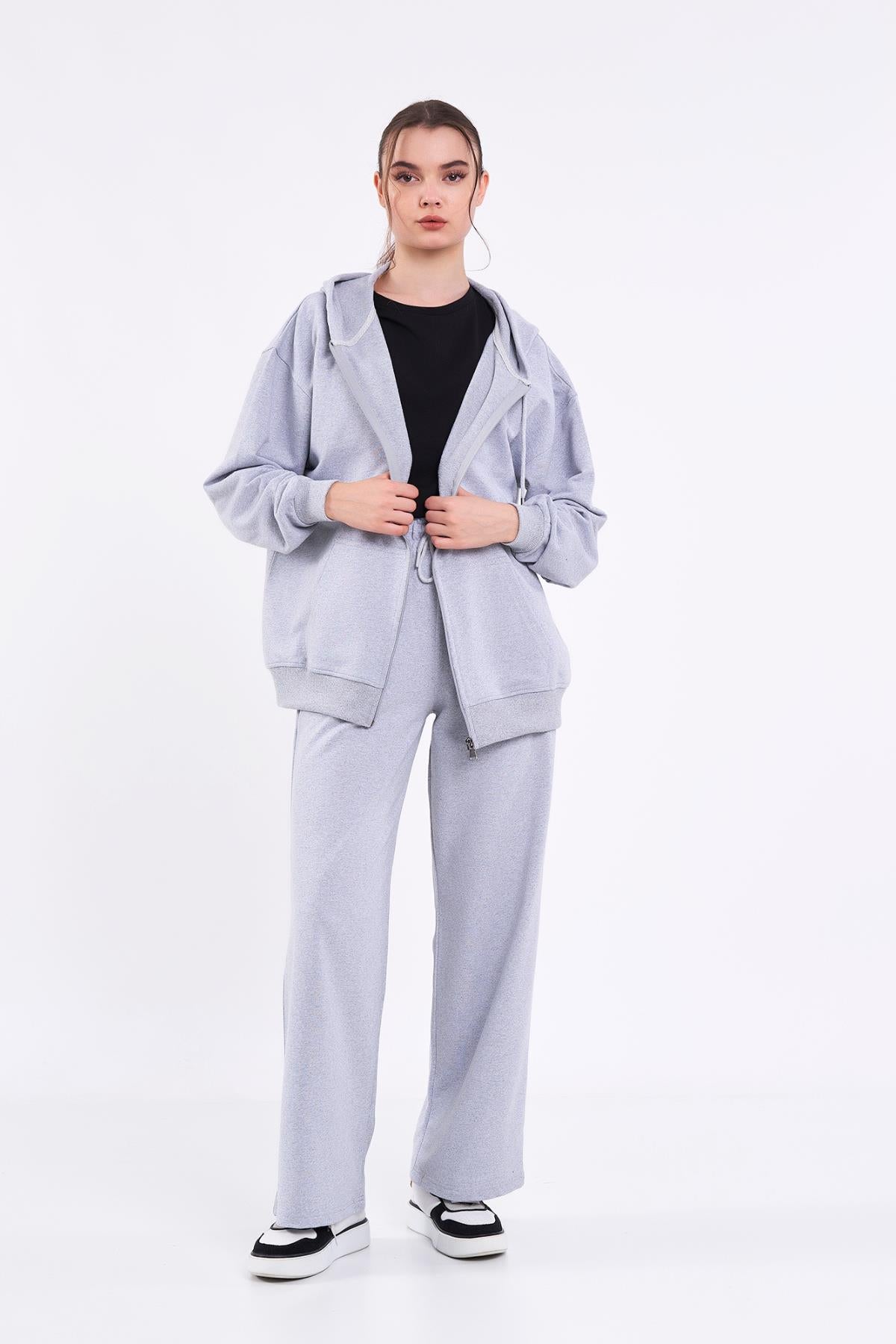 Kadın Gri Normal Kalıp Basic Beli Lastikli Kapüşonlu Oversize Mevsimlik Alt Üst Eşofman Takımı CMRE7367