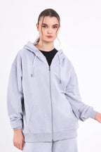 Kadın Gri Normal Kalıp Basic Beli Lastikli Kapüşonlu Oversize Mevsimlik Alt Üst Eşofman Takımı CMRE7367