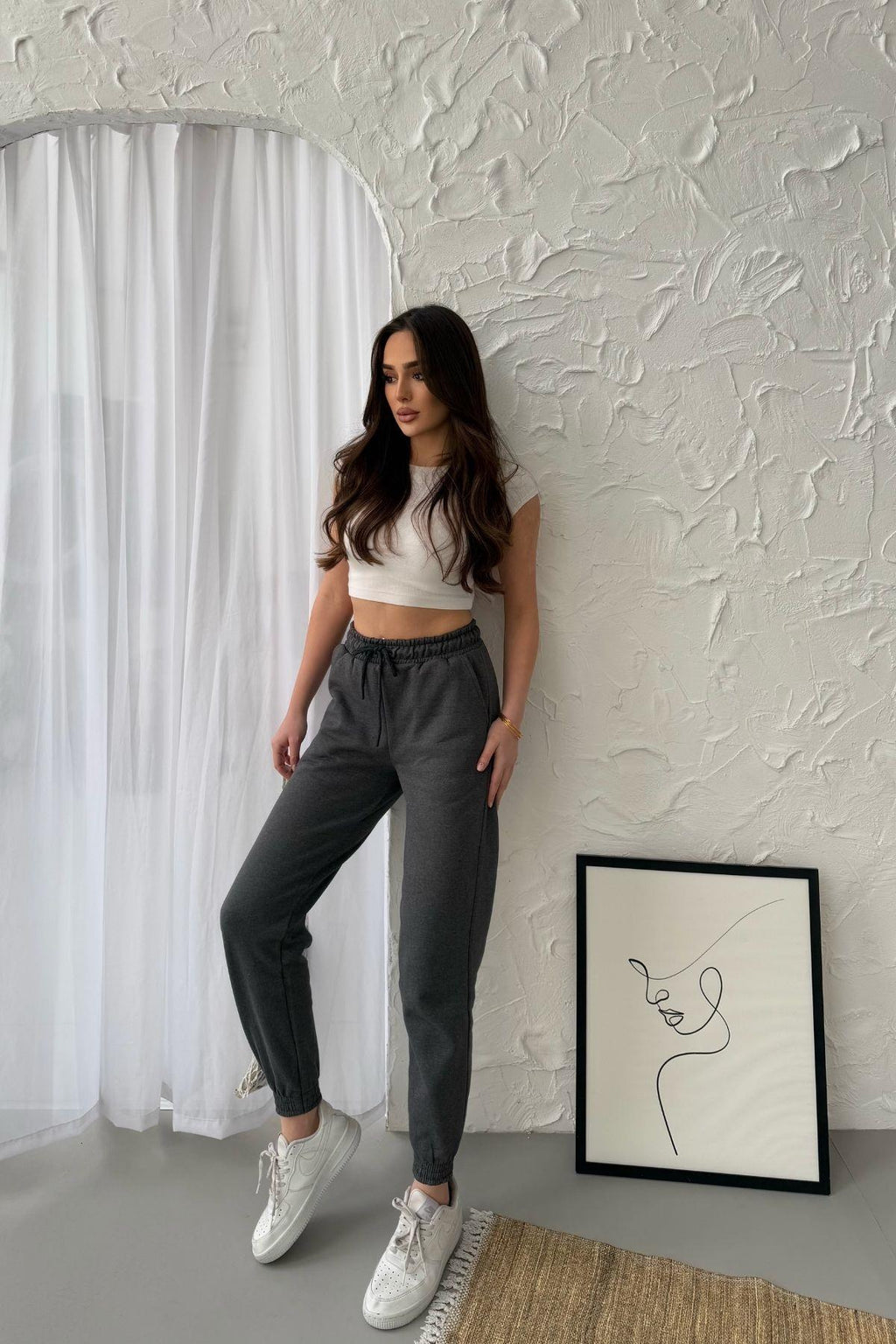 Antrasit Pamuklu Paçası Lastikli Rahat Kalın Jogger Cepli Kadın Eşofman Altı CMRB95