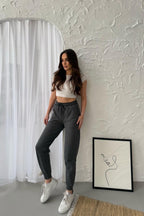 Antrasit Pamuklu Paçası Lastikli Rahat Kalın Jogger Cepli Kadın Eşofman Altı CMRB95