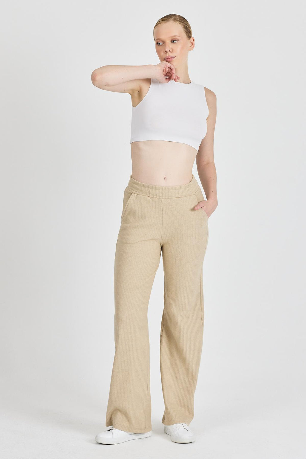 Kadın Bej Yüksek Bel Bol Paça Kaşkorse Fitilli Cepli Pantolon Eşofman Altı CMRB104