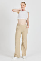 Kadın Bej Yüksek Bel Bol Paça Kaşkorse Fitilli Cepli Pantolon Eşofman Altı CMRB104