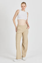 Kadın Bej Yüksek Bel Bol Paça Kaşkorse Fitilli Cepli Pantolon Eşofman Altı CMRB104