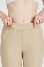 Kadın Bej Yüksek Bel Bol Paça Kaşkorse Fitilli Cepli Pantolon Eşofman Altı CMRB104
