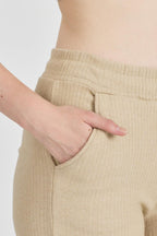 Kadın Bej Yüksek Bel Bol Paça Kaşkorse Fitilli Cepli Pantolon Eşofman Altı CMRB104