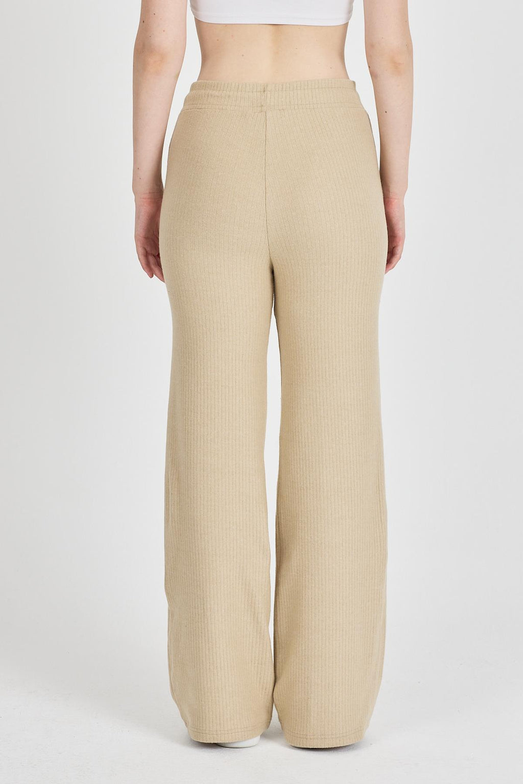 Kadın Bej Yüksek Bel Bol Paça Kaşkorse Fitilli Cepli Pantolon Eşofman Altı CMRB104