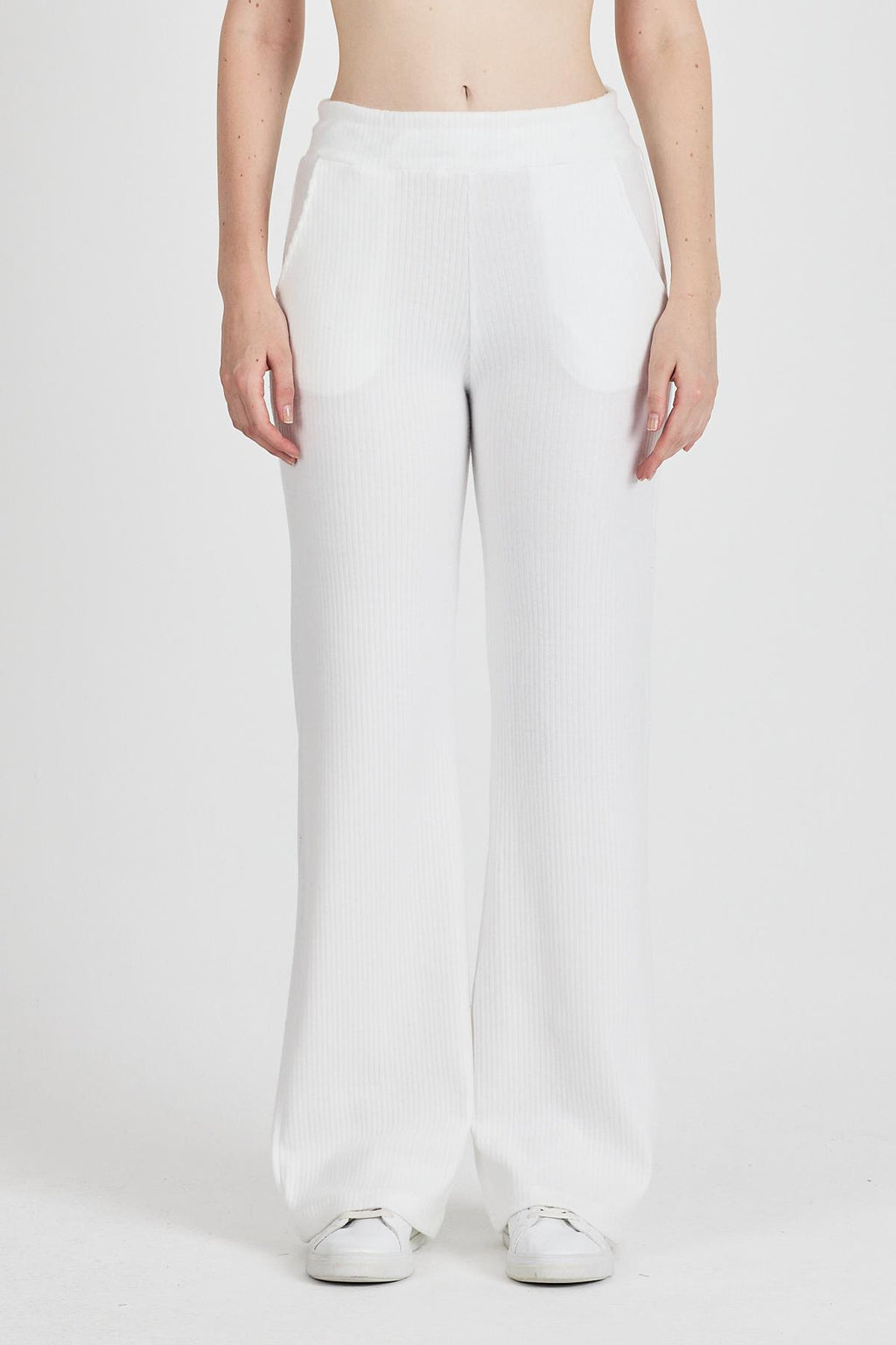 Kadın Ekru Yüksek Bel Bol Paça Kaşkorse Fitilli Cepli Pantolon Eşofman Altı CMRB104