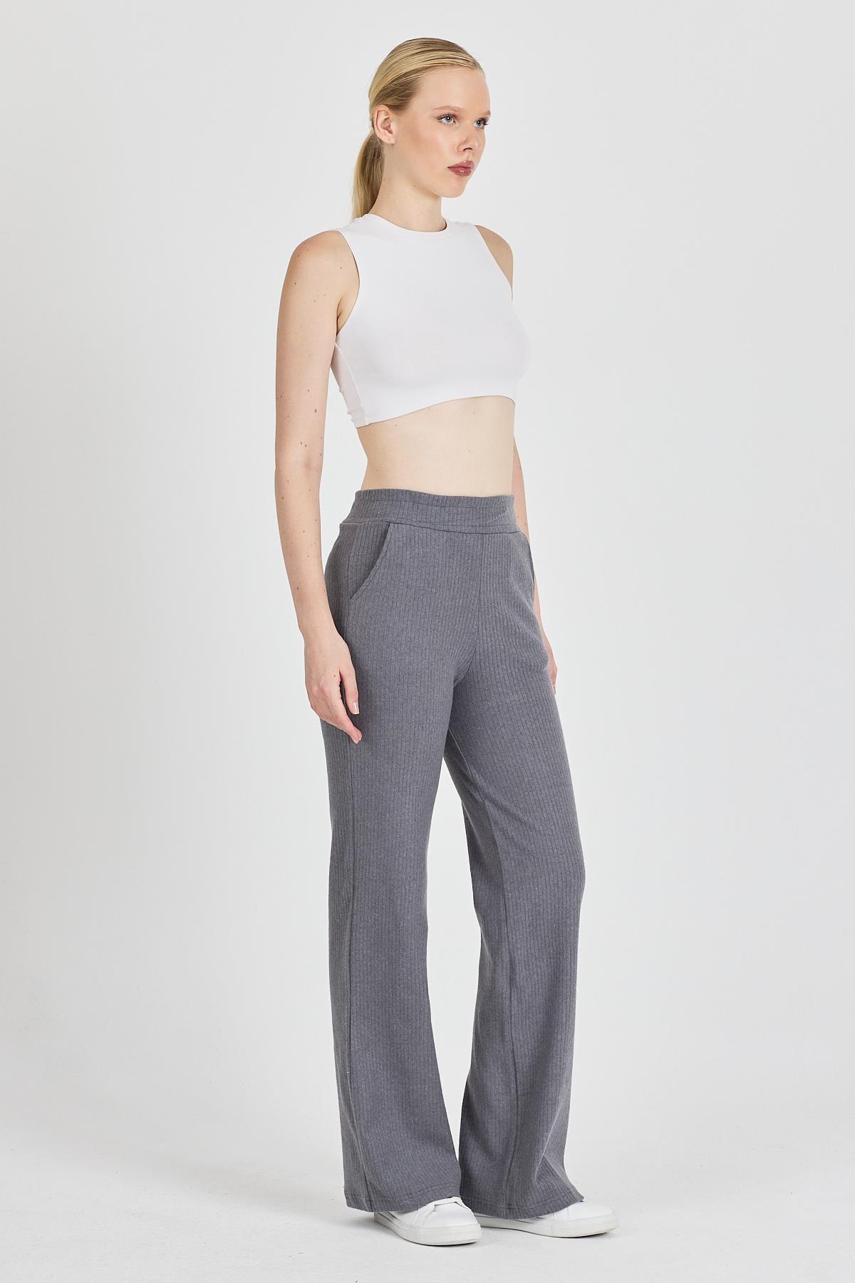 Kadın Füme Yüksek Bel Bol Paça Kaşkorse Fitilli Cepli Pantolon Eşofman Altı CMRB104