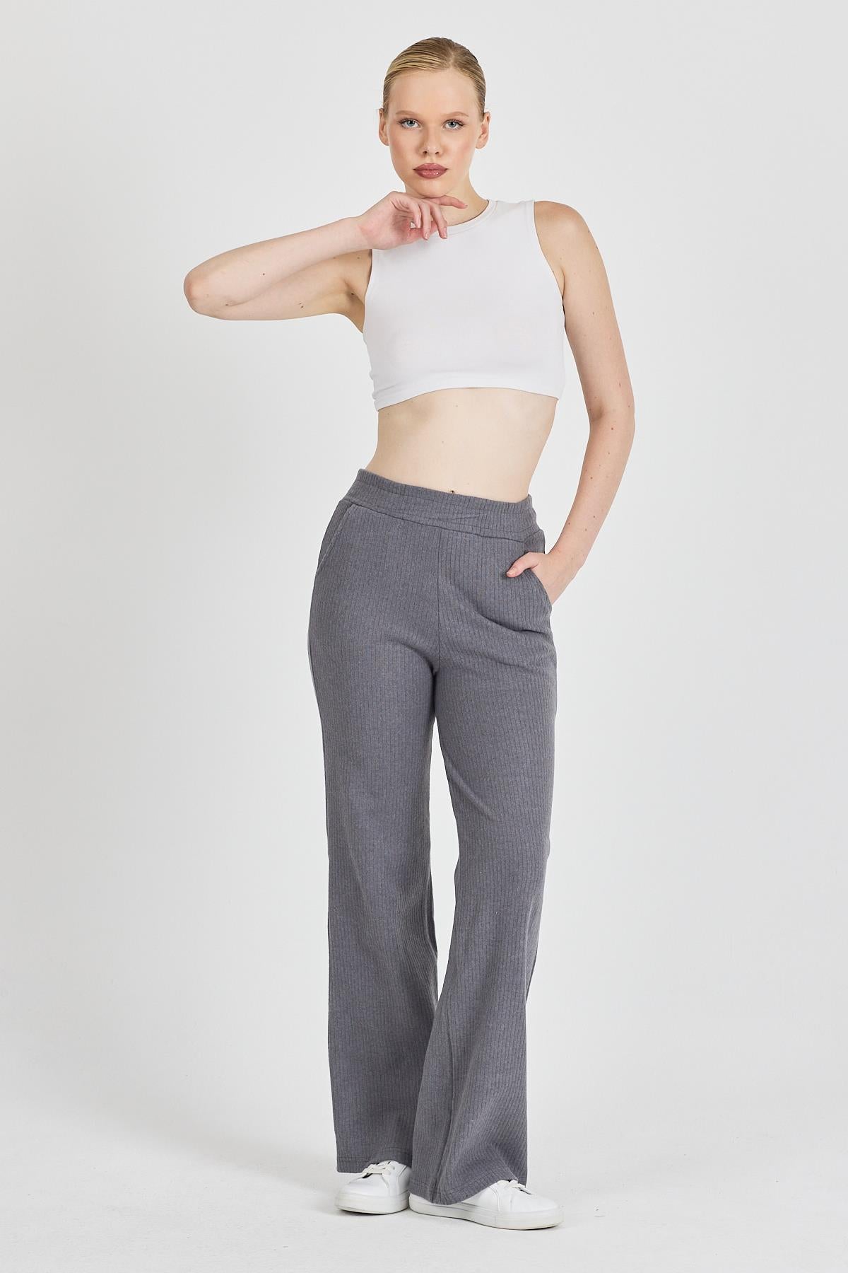 Kadın Füme Yüksek Bel Bol Paça Kaşkorse Fitilli Cepli Pantolon Eşofman Altı CMRB104