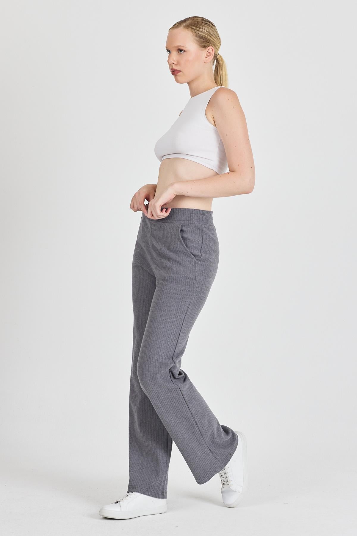 Kadın Füme Yüksek Bel Bol Paça Kaşkorse Fitilli Cepli Pantolon Eşofman Altı CMRB104