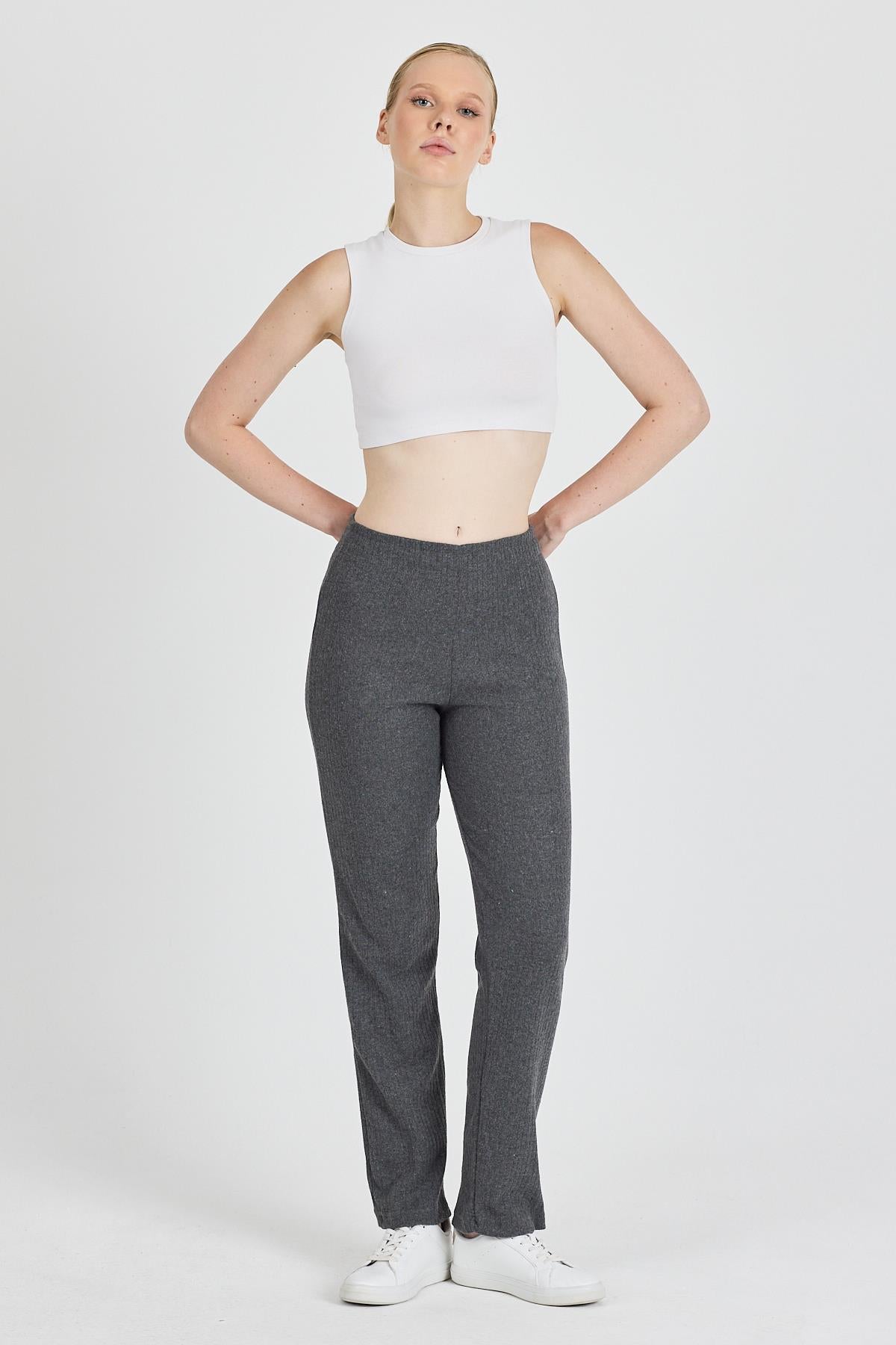 Kadın Füme Yüksek Bel Fitilli Bol Paça Günlük İnce Eşofman Altı Pijama