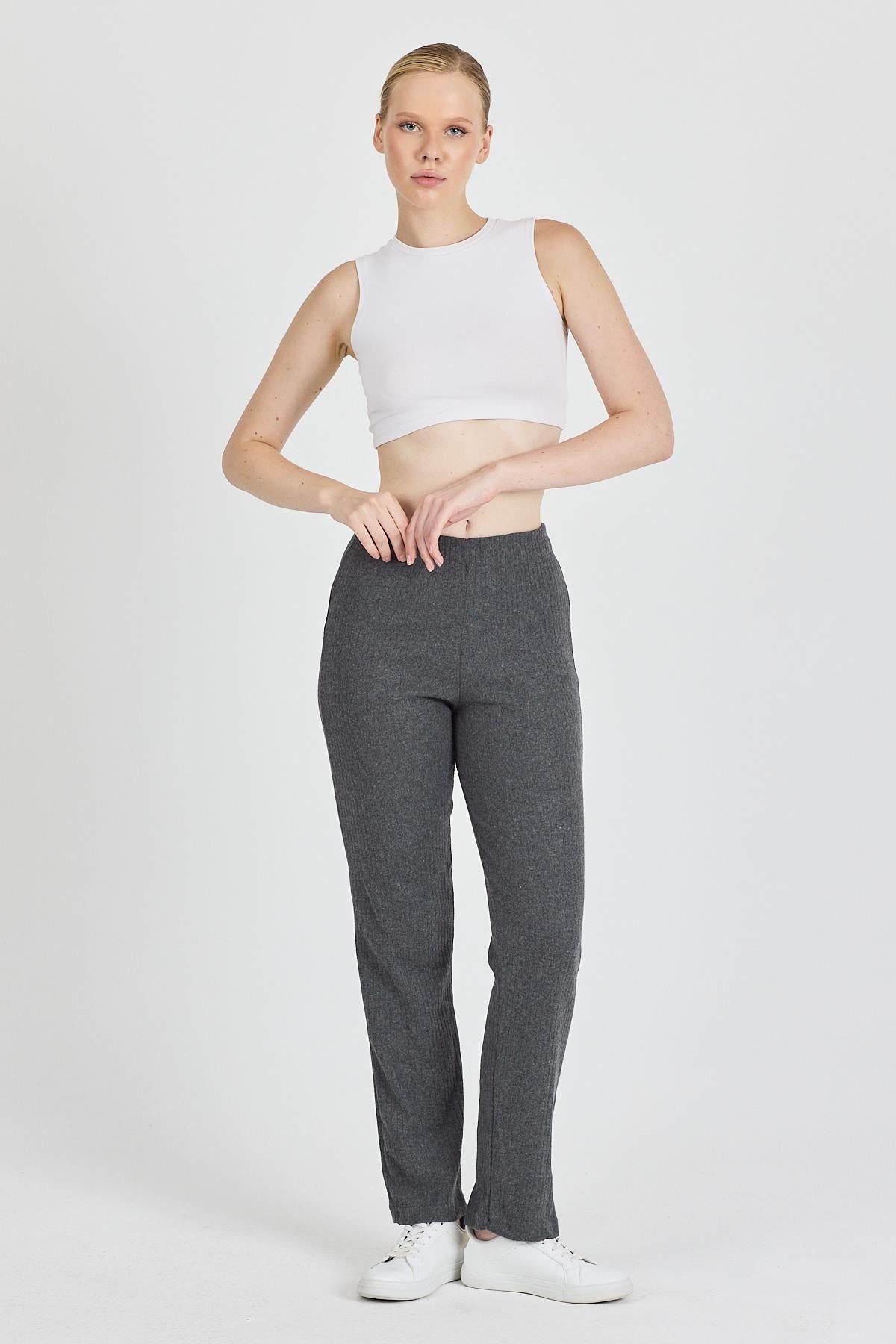 Kadın Füme Yüksek Bel Fitilli Bol Paça Günlük İnce Eşofman Altı Pijama