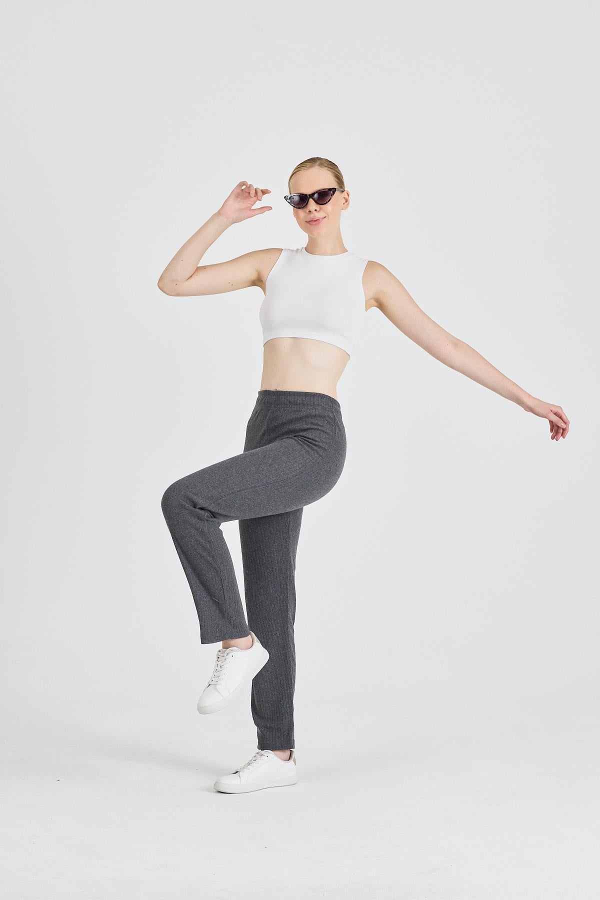 Kadın Füme Yüksek Bel Fitilli Bol Paça Günlük İnce Eşofman Altı Pijama