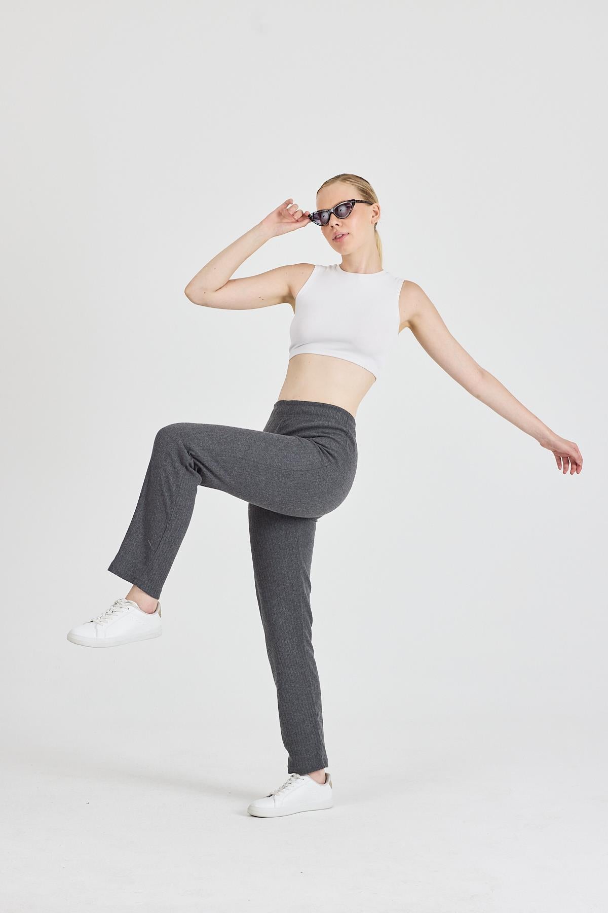 Kadın Füme Yüksek Bel Fitilli Bol Paça Günlük İnce Eşofman Altı Pijama