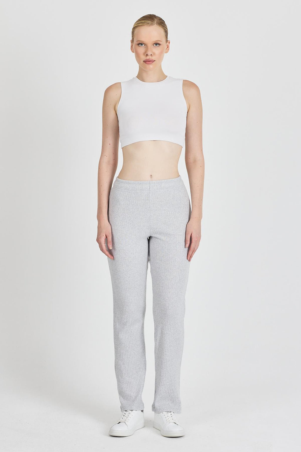 Kadın Gri Yüksek Bel Fitilli Bol Paça Günlük İnce Eşofman Altı Pijama