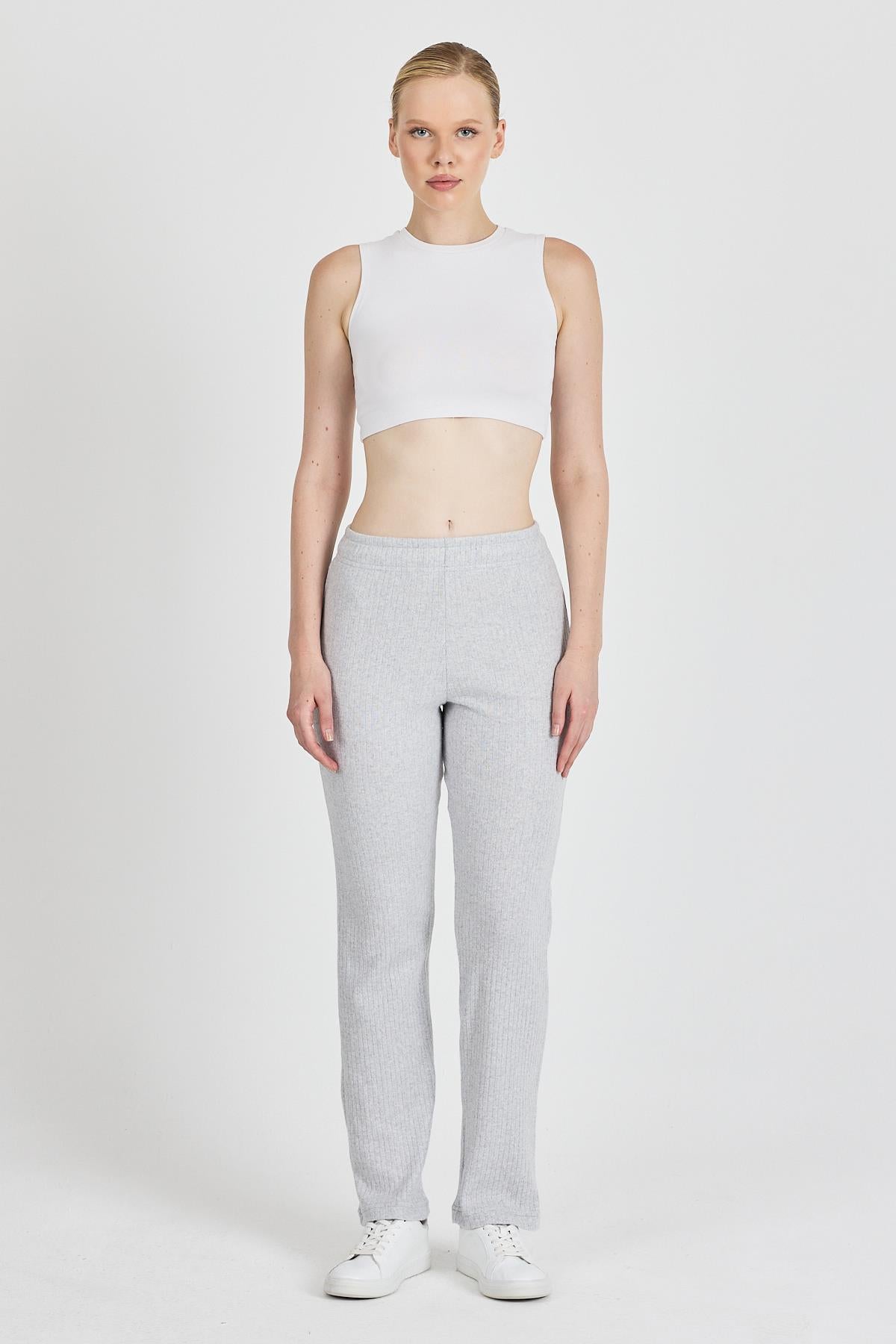 Kadın Gri Yüksek Bel Fitilli Bol Paça Günlük İnce Eşofman Altı Pijama