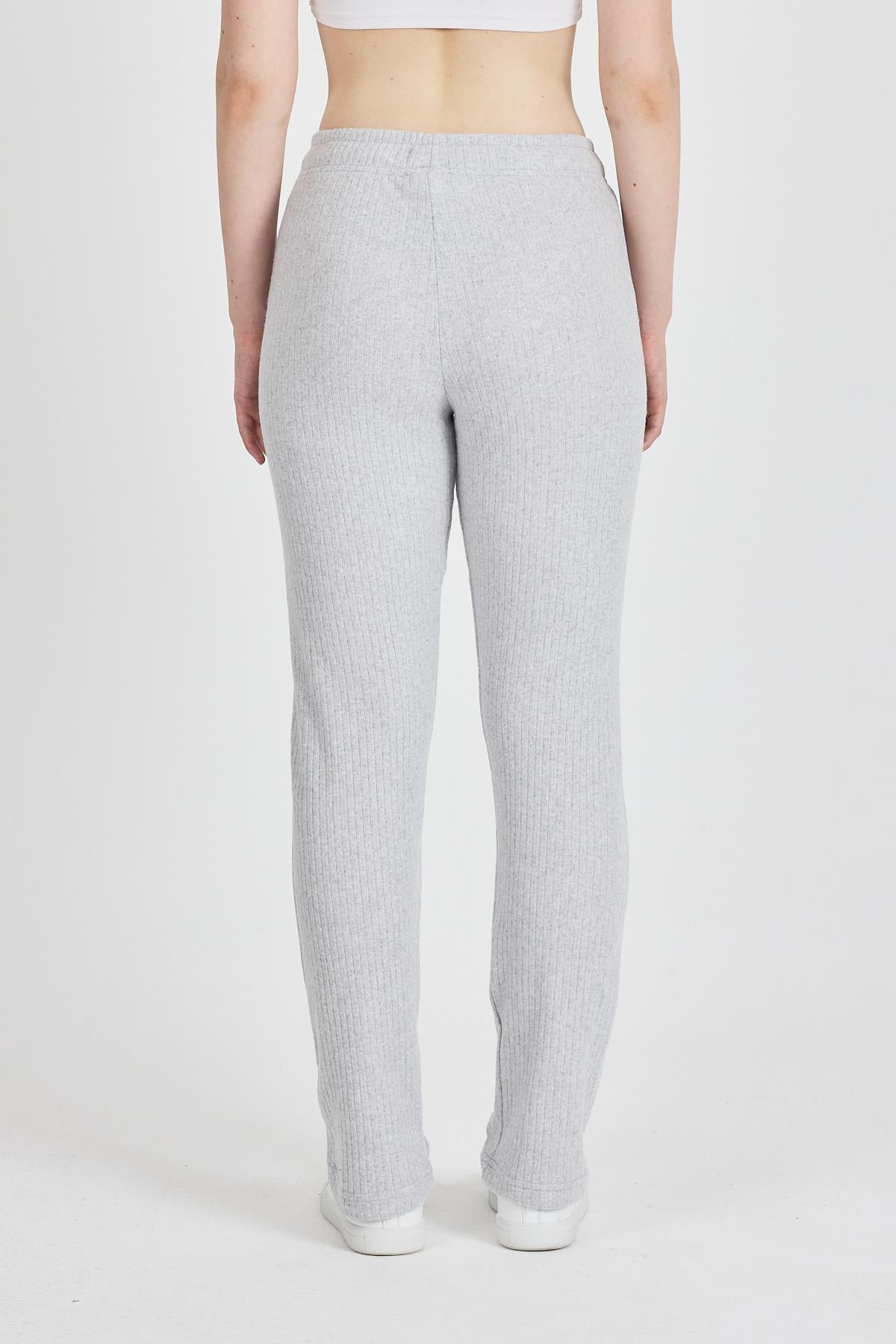 Kadın Gri Yüksek Bel Fitilli Bol Paça Günlük İnce Eşofman Altı Pijama