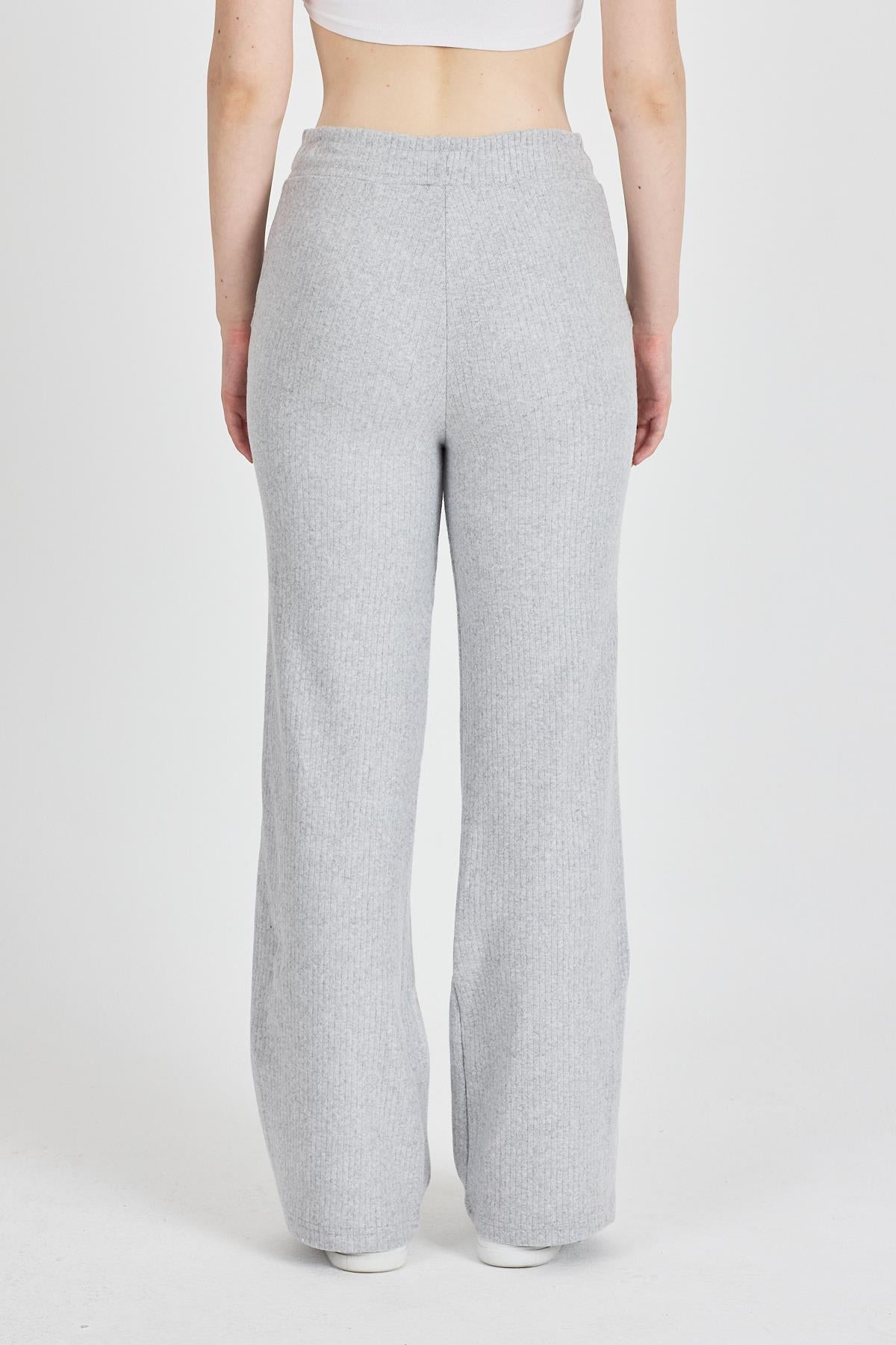 Kadın Gri Yüksek Bel Fitilli Bol Paça Günlük İnce Eşofman Altı Pijama