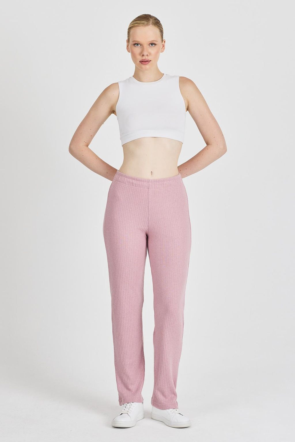 Kadın Gül Kurusu Yüksek Bel Fitilli Bol Paça Günlük İnce Eşofman Altı Pijama