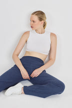 Kadın İndigo Yüksek Bel Bol Paça Kaşkorse Fitilli Cepli Pantolon Eşofman Altı CMRB104