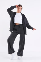 Kadın Antrasit Normal Kalıp Basic Beli Lastikli Kapüşonlu Oversize Mevsimlik Alt Üst Eşofman Takımı CMRE7367