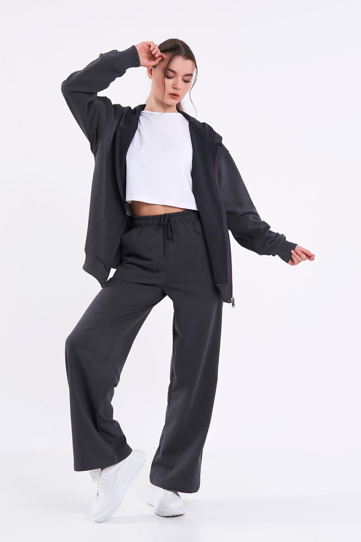 Kadın Antrasit Normal Kalıp Basic Beli Lastikli Kapüşonlu Oversize Mevsimlik Alt Üst Eşofman Takımı CMRE7367