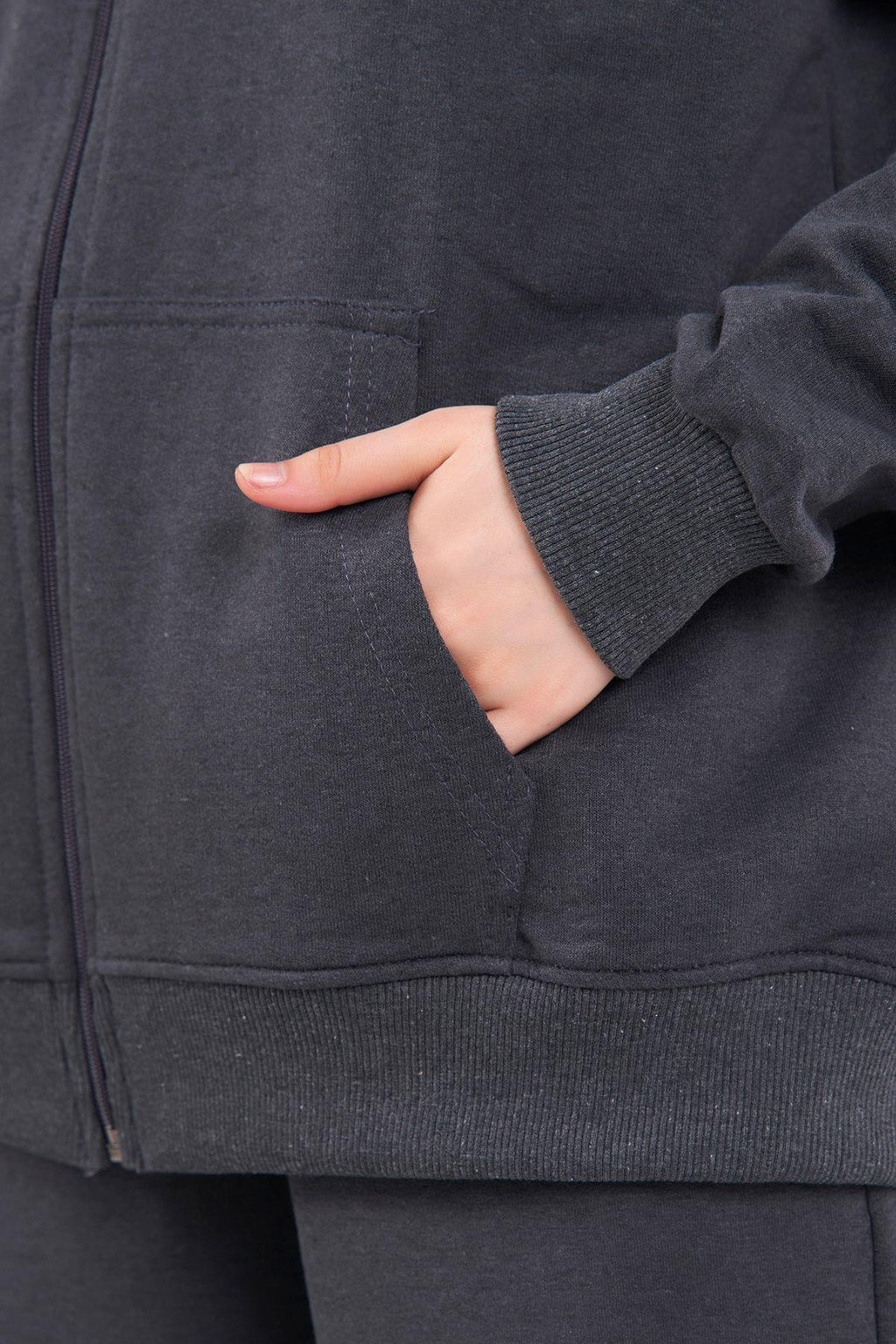 Kadın Antrasit Normal Kalıp Basic Beli Lastikli Kapüşonlu Oversize Mevsimlik Alt Üst Eşofman Takımı CMRE7367